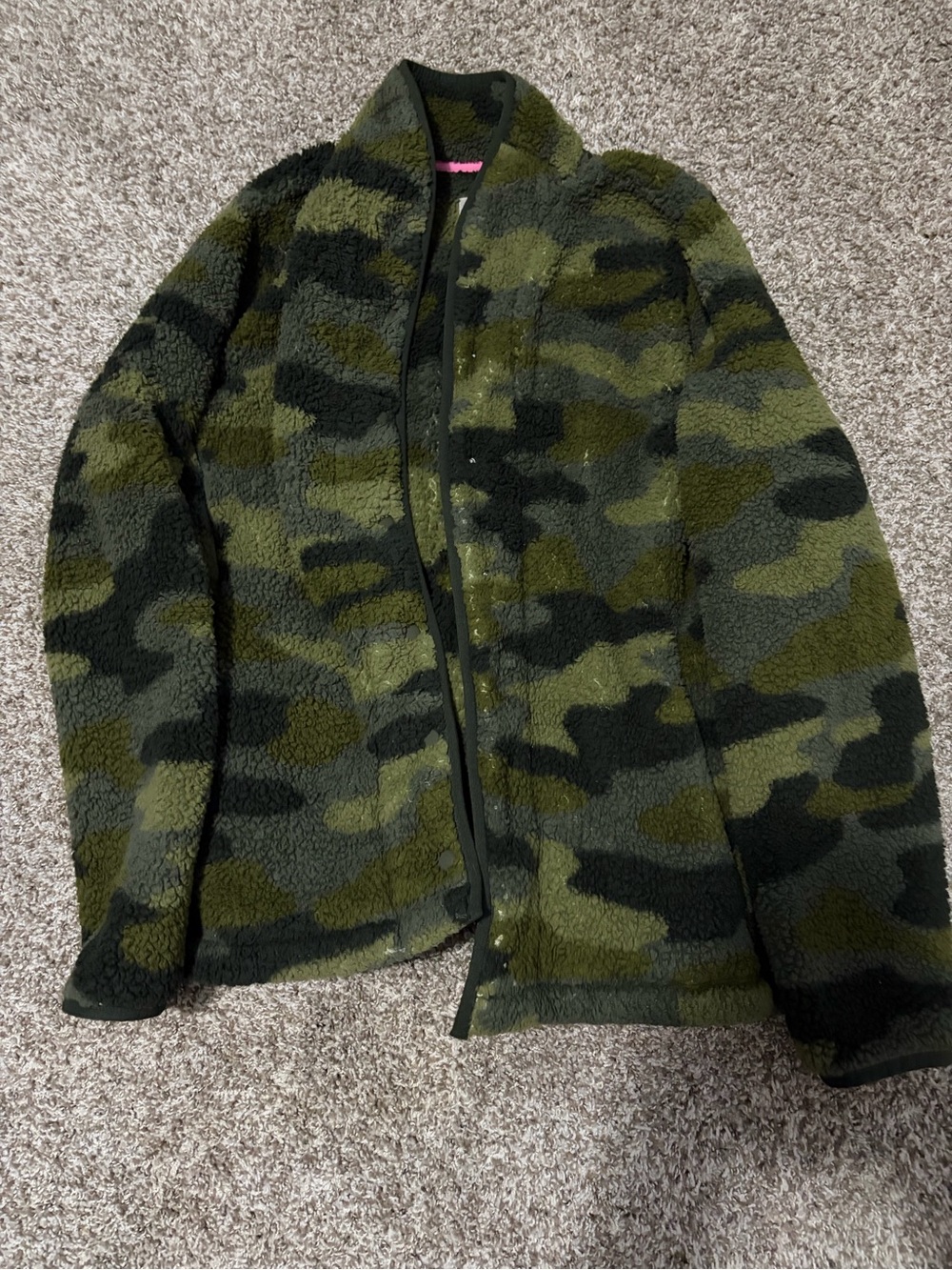 Isaac Mizrahi Live! Olive Camo Sherpa Jacket with Pink Trim